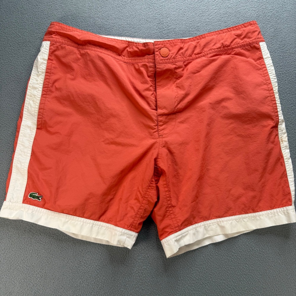 Lacoste Board Shorts Mens M Orange White Colorblock Swim Trunks Mesh Lined